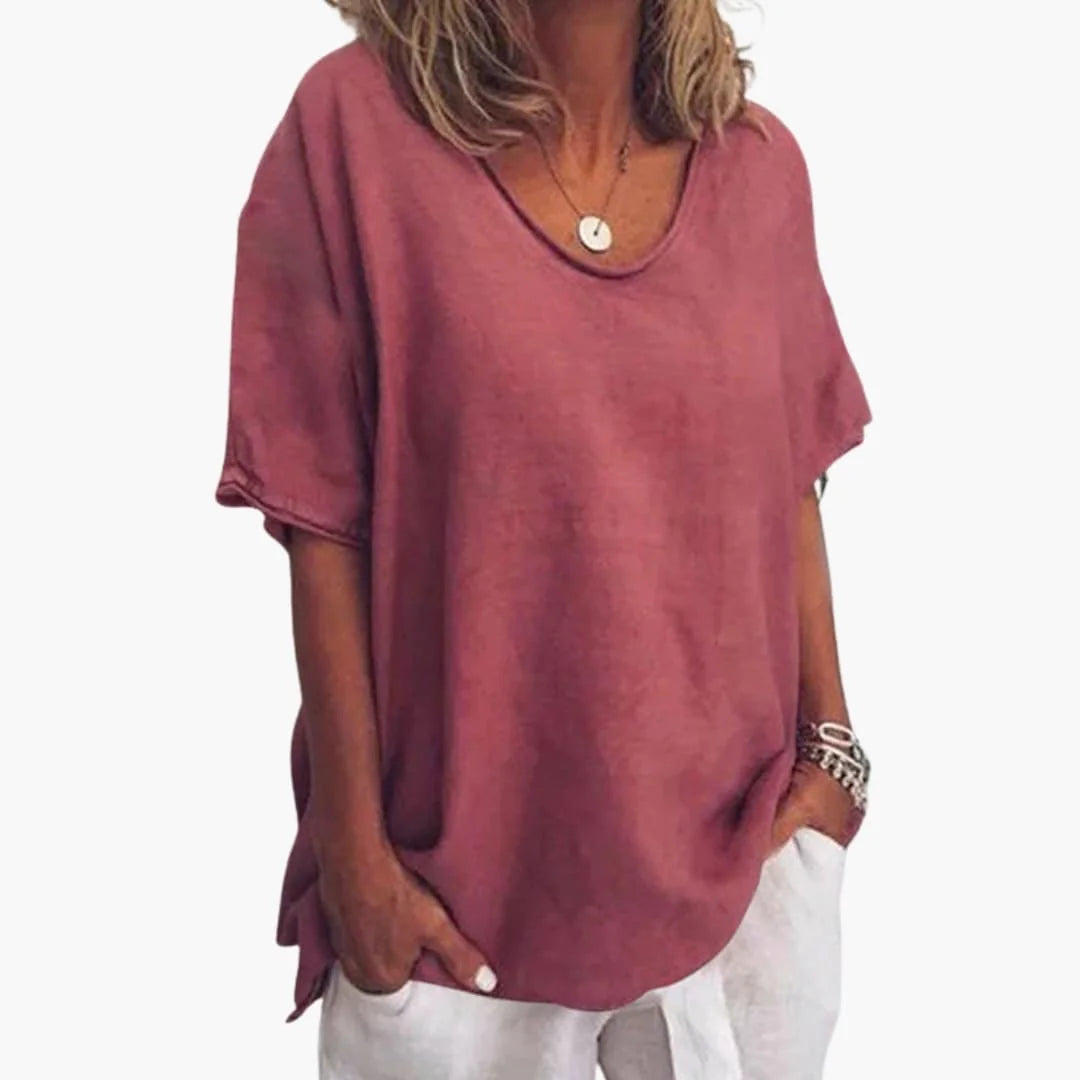 Red Women's Short Sleeve Blouse with V-Neck & Rolled Cuffs — Darcy - Front Side Pose
