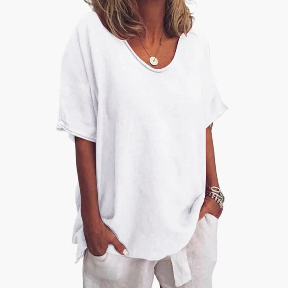 White Women's Short Sleeve Blouse with V-Neck & Rolled Cuffs — Darcy