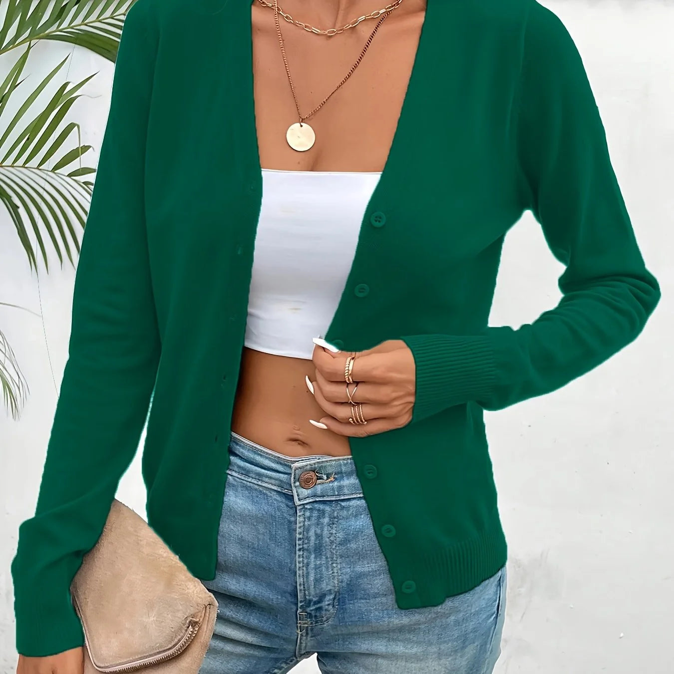 Deep Green Women's V-Neck Ribbed Cardigan with Button-Front Closure