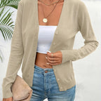 Khaki Women's V-Neck Ribbed Cardigan with Button-Front Closure