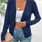 Navy Women's V-Neck Ribbed Cardigan with Button-Front Closure