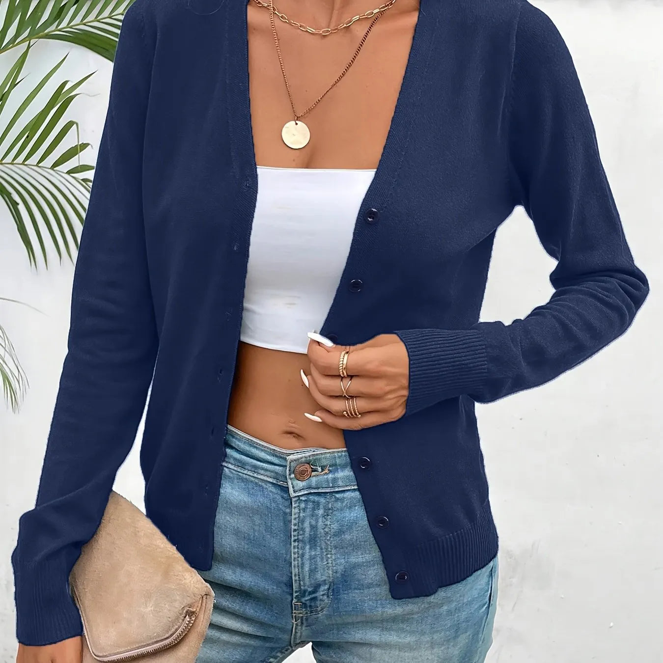 Navy Women's V-Neck Ribbed Cardigan with Button-Front Closure