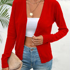 Red Women's V-Neck Ribbed Cardigan with Button-Front Closure