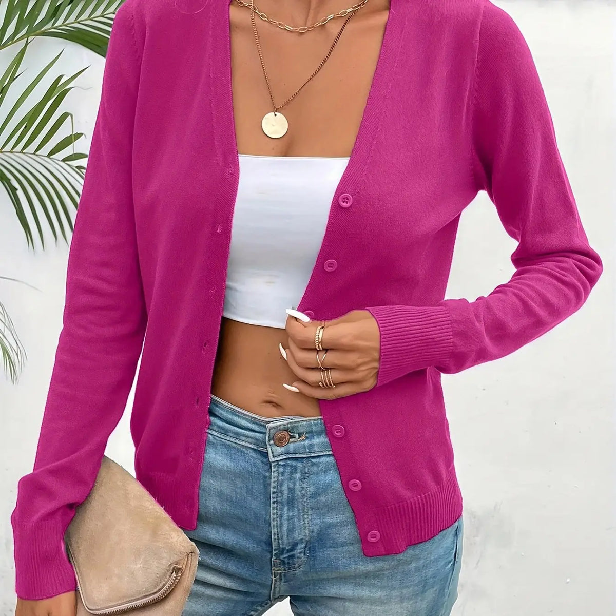 Rose Red Women's V-Neck Ribbed Cardigan with Button-Front Closure