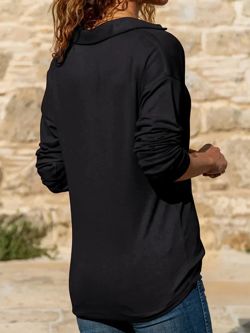 Black Women's Ribbed Half Zip Sweatshirt with Relaxed Fit & Zip Collar — Liana - Back Detail