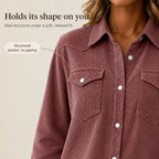 Pink Women's Ribbed Knit Shacket with Relaxed Fit & Stretch Comfort — Mia - Collar Placket Detail