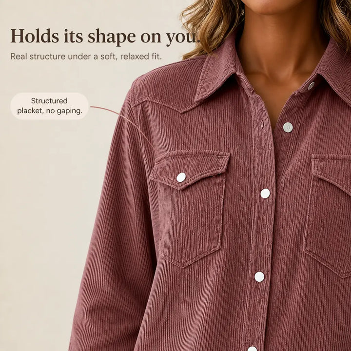 Pink Women's Ribbed Knit Shacket with Relaxed Fit & Stretch Comfort — Mia - Collar Placket Detail