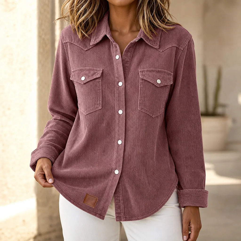 Pink Women's Ribbed Knit Shacket with Relaxed Fit & Stretch Comfort — Mia - Front Crop Outdoor