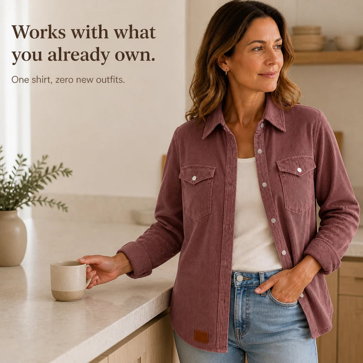 Pink Women's Ribbed Knit Shacket with Relaxed Fit & Stretch Comfort — Mia - Kitchen Lifestyle