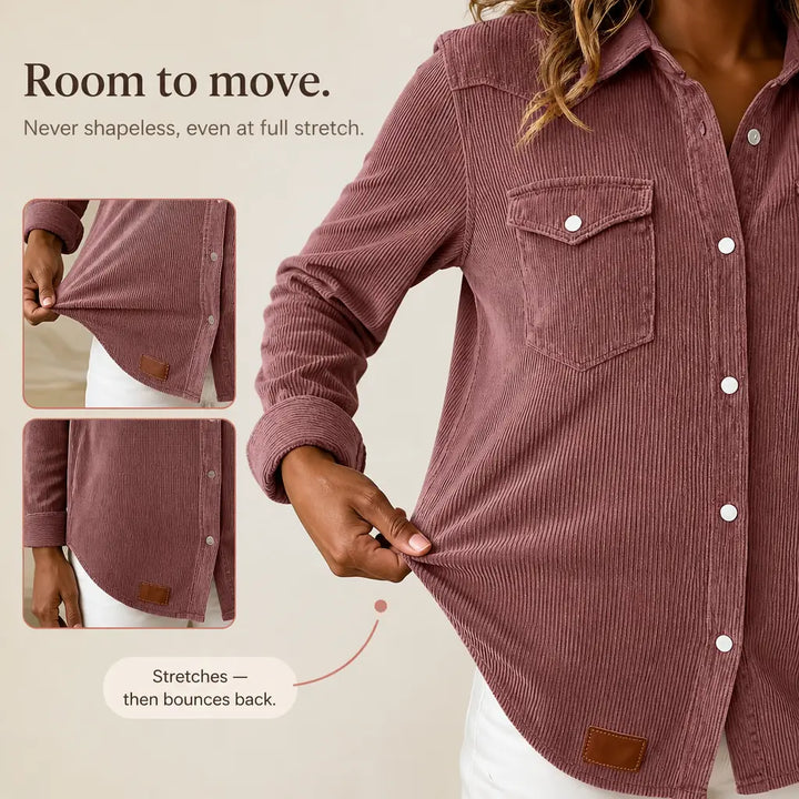 Pink Women's Ribbed Knit Shacket with Relaxed Fit & Stretch Comfort — Mia - Stretch Fabric Demo
