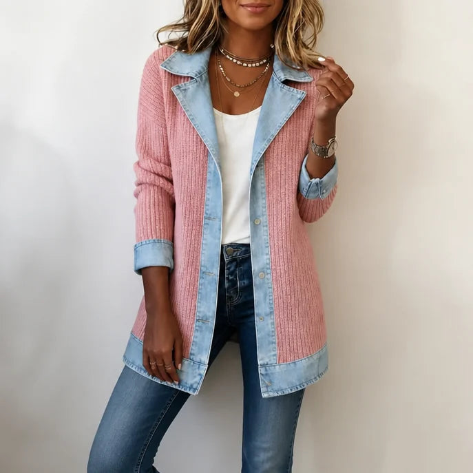 Pink Women's Ribbed Knit Coat with Structured Denim Panels