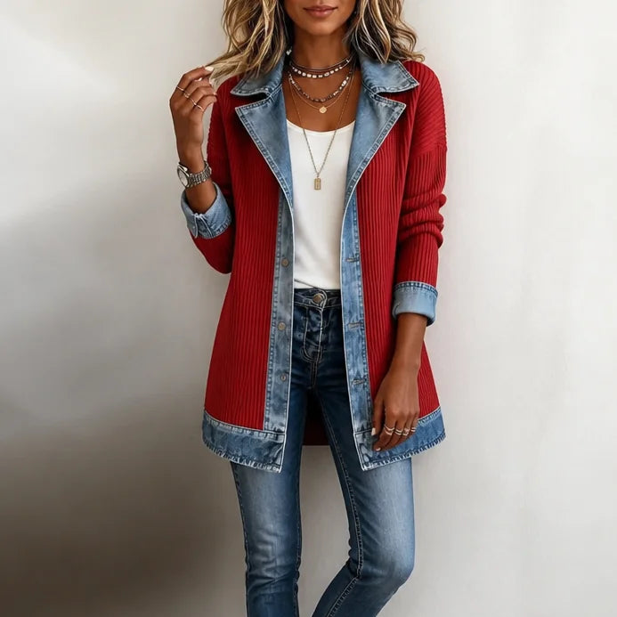 Red Women's Ribbed Knit Coat with Structured Denim Panels