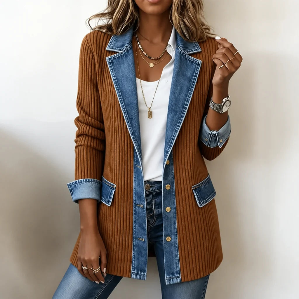 Rust Women's Ribbed Knit Coat with Structured Denim Panels