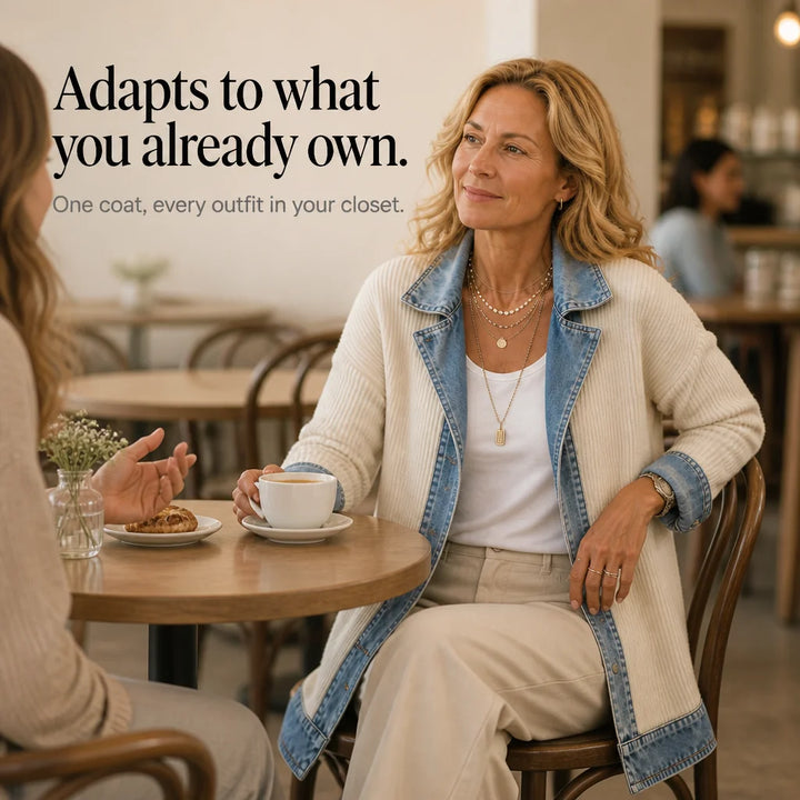 White Women's Ribbed Knit Coat with Structured Denim Panels — Rhea - Cafe Seated Lifestyle