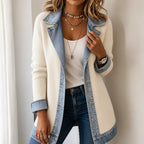White Women's Ribbed Knit Coat with Structured Denim Panels — Rhea - Front Close Hold Collar