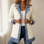 White Women's Ribbed Knit Coat with Structured Denim Panels — Rhea - Front Full Open