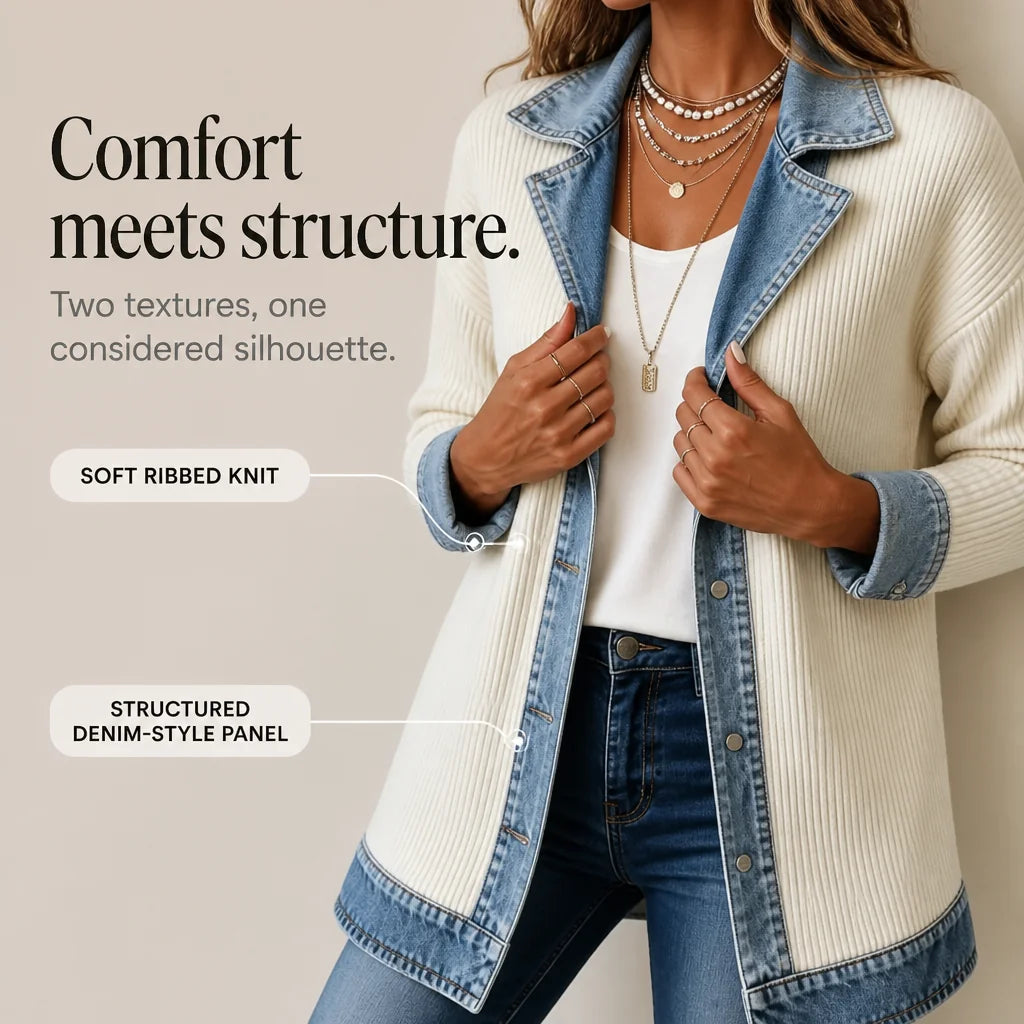 White Women's Ribbed Knit Coat with Structured Denim Panels — Rhea - Infographic Texture Detail