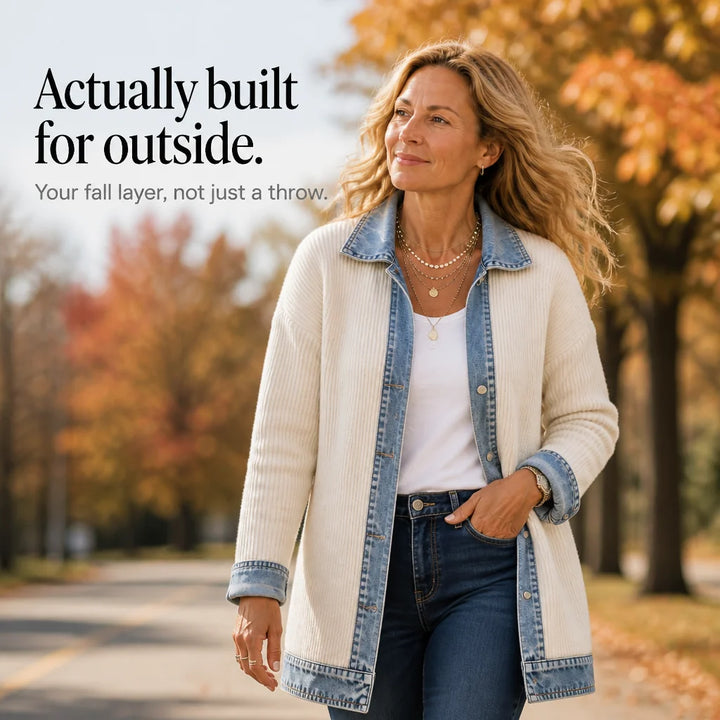 White Women's Ribbed Knit Coat with Structured Denim Panels — Rhea - Outdoor Fall Walking