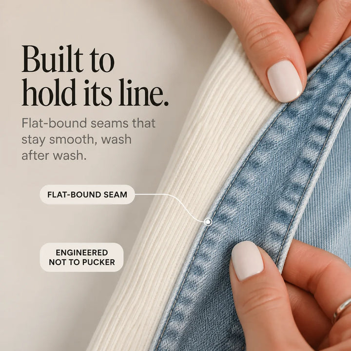 White Women's Ribbed Knit Coat with Structured Denim Panels — Rhea - Seam Construction Detail