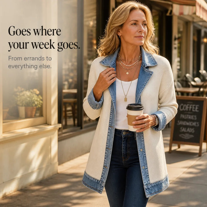 White Women's Ribbed Knit Coat with Structured Denim Panels — Rhea - Street Lifestyle Coffee