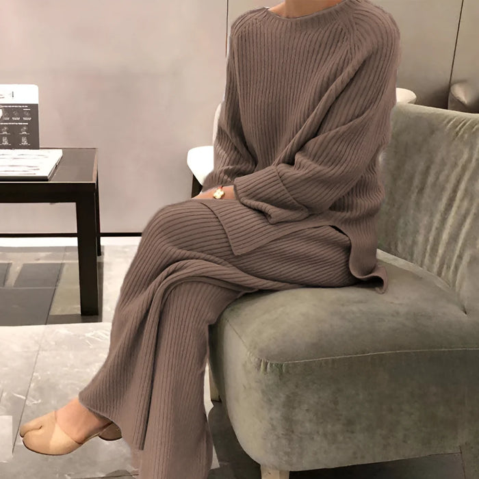 Brown Women's Knit Co-Ord Set with Relaxed-Fit Sweater & Straight-Leg Trousers