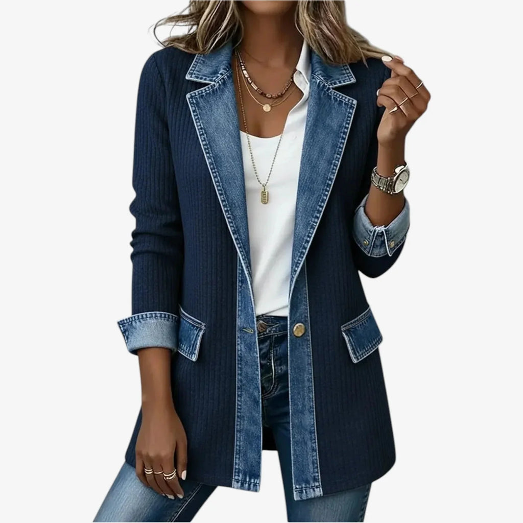Dark Blue Women's Longline Jacket with Ribbed Knit & Denim Trim