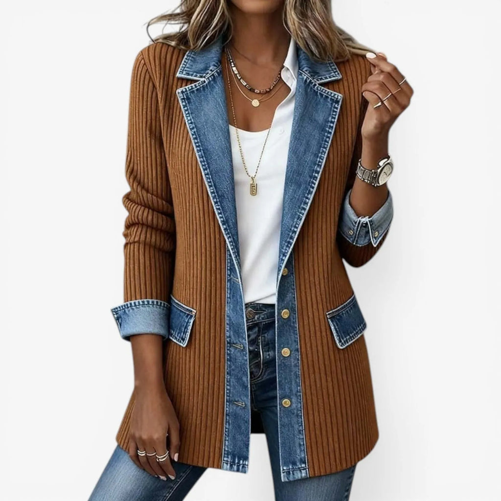Khaki Women's Longline Jacket with Ribbed Knit & Denim Trim