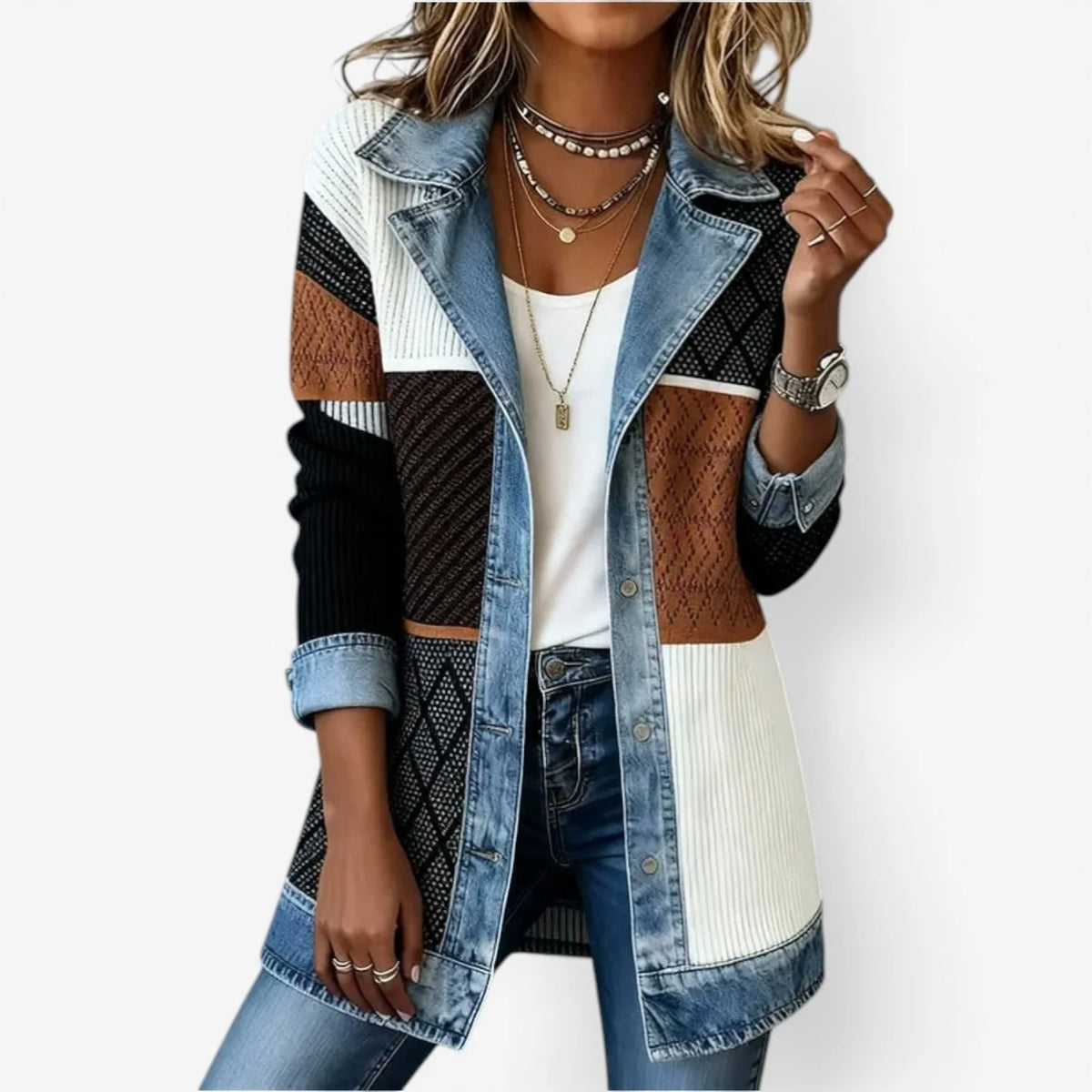Light Brown Women's Longline Jacket with Ribbed Knit & Denim Trim