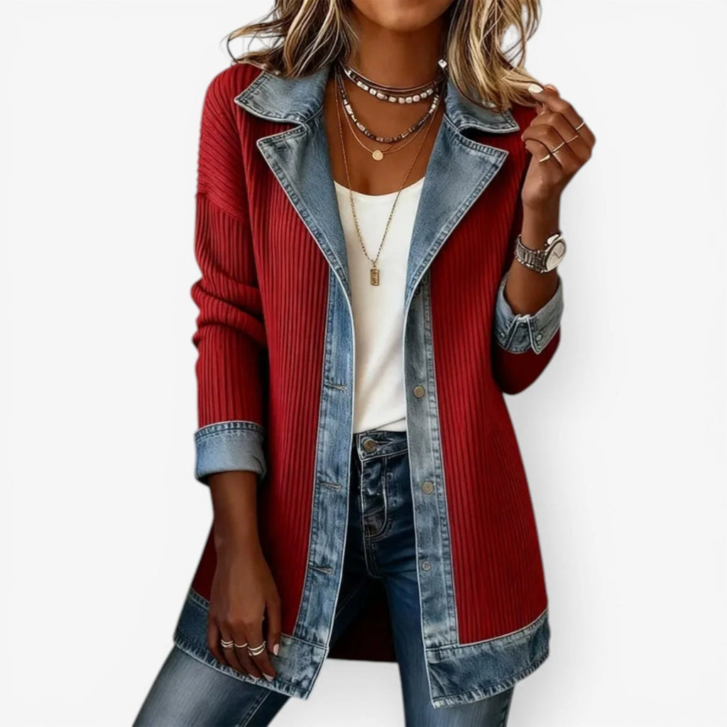Red Women's Longline Jacket with Ribbed Knit & Denim Trim