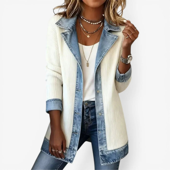 White Women's Longline Jacket with Ribbed Knit & Denim Trim