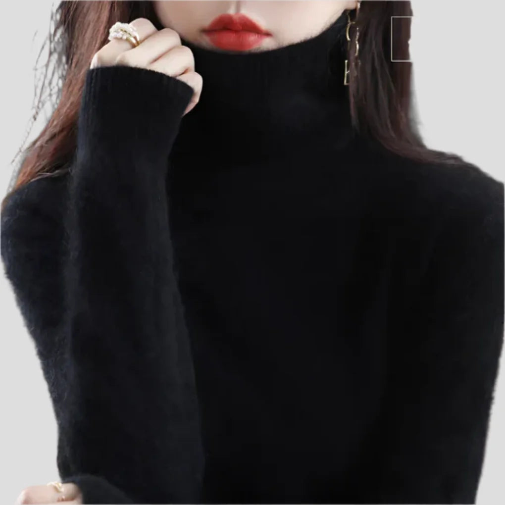 Black Women's Ribbed Turtleneck Sweater with Fitted Silhouette for Cozy Layering - Close Up Turtleneck