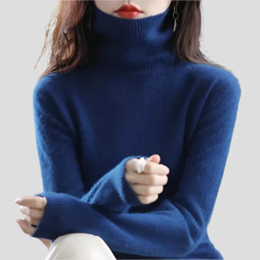 Seaweed Blue Women's Ribbed Turtleneck Sweater with Fitted Silhouette for Cozy Layering - Arms Crossed