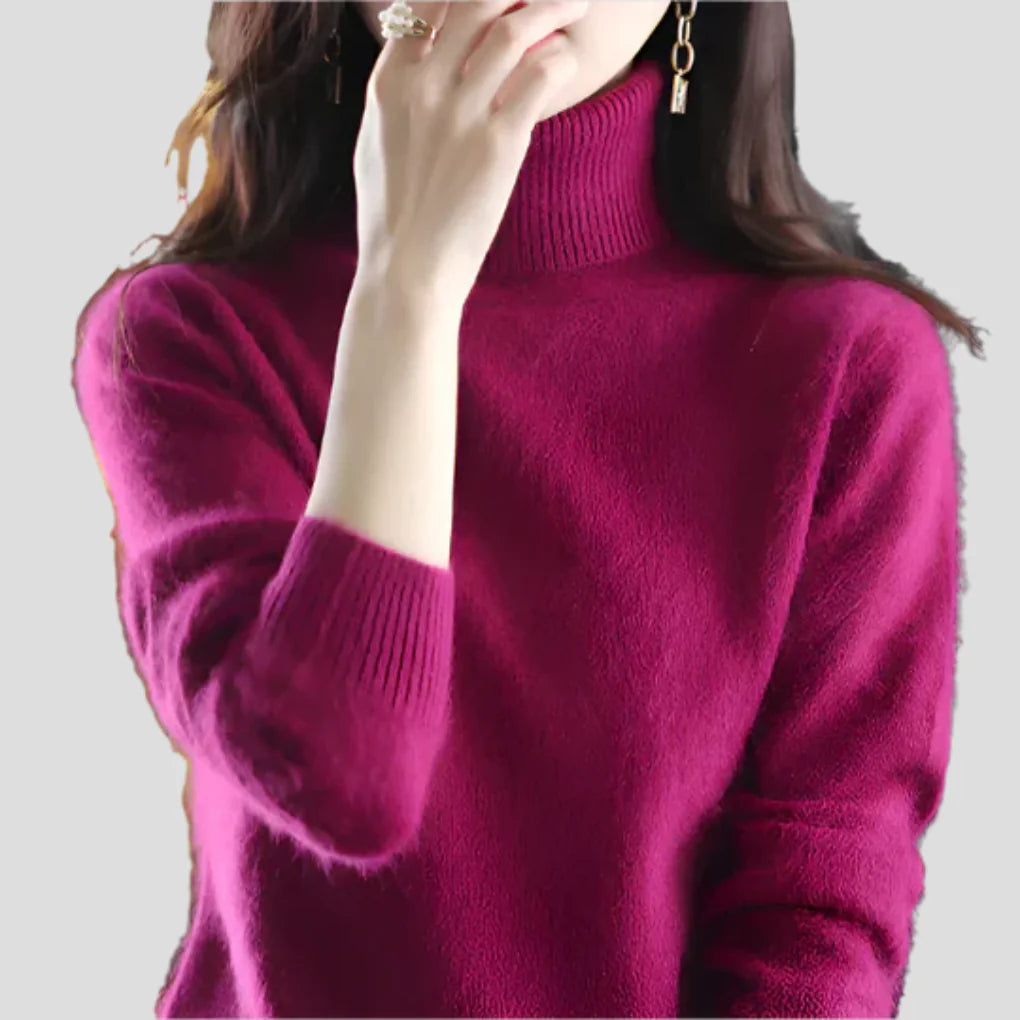 Burgundy Women's Ribbed Turtleneck Sweater with Fitted Silhouette for Cozy Layering - Hand On Chin