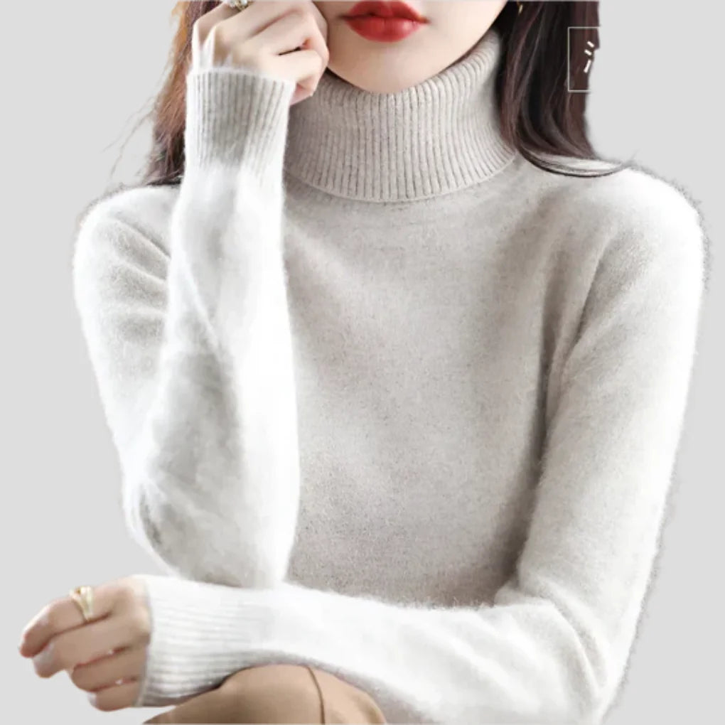 Light Brown Women's Ribbed Turtleneck Sweater with Fitted Silhouette for Cozy Layering - Side Pose