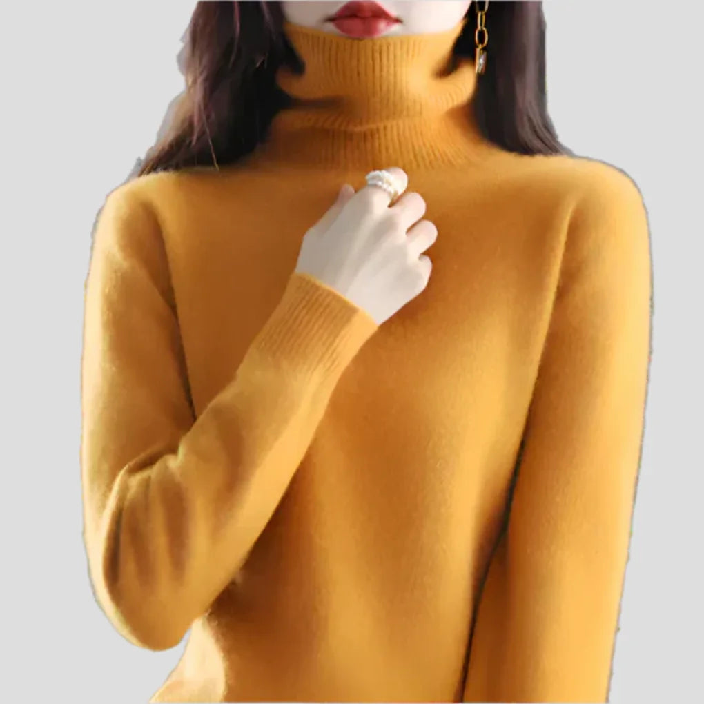 Ginger Yellow Women's Ribbed Turtleneck Sweater with Fitted Silhouette for Cozy Layering - Front Detail