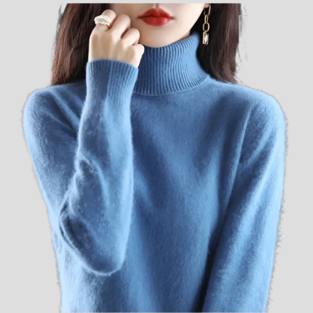 Mist Blue Women's Ribbed Turtleneck Sweater with Fitted Silhouette for Cozy Layering - Close Up Sleeve