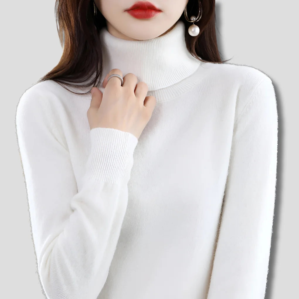Rice Camel Women's Ribbed Turtleneck Sweater with Fitted Silhouette for Cozy Layering - Hand On Neck