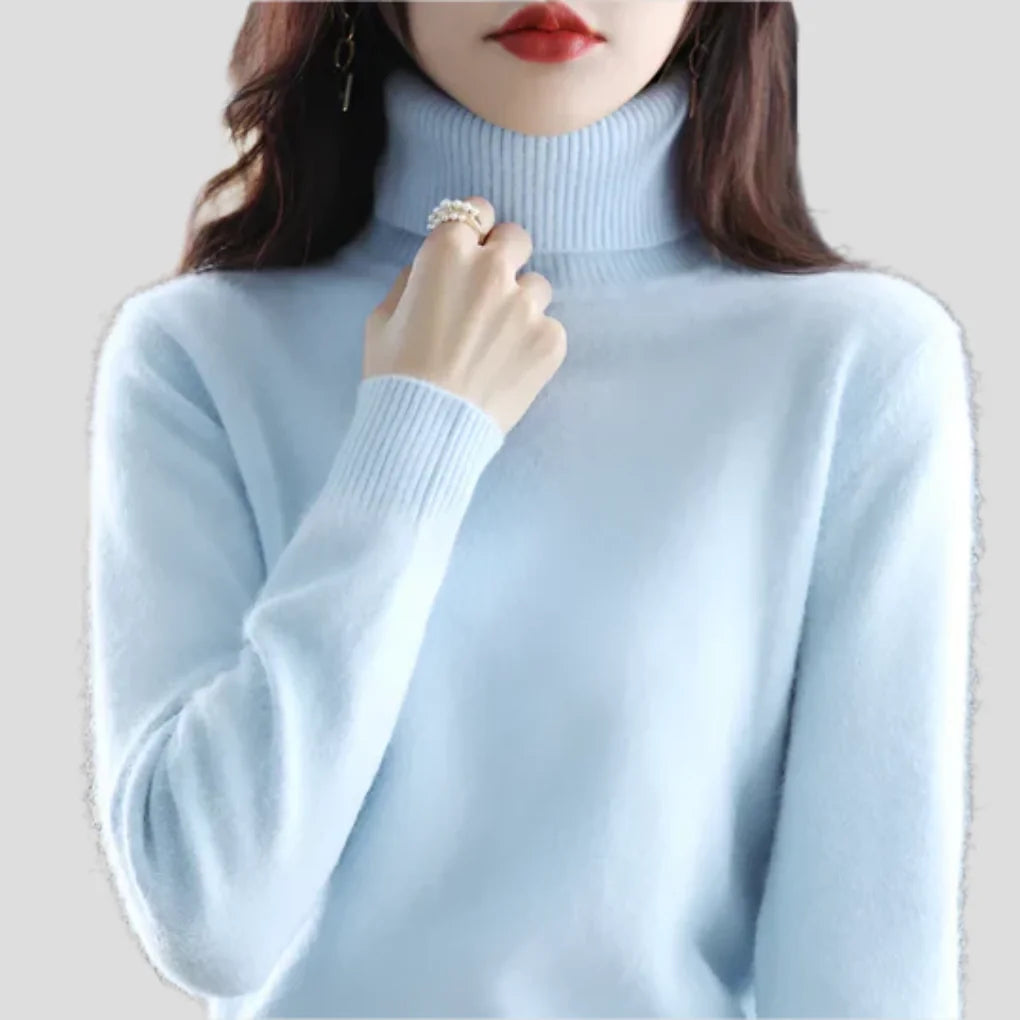 Light Blue Women's Ribbed Turtleneck Sweater with Fitted Silhouette for Cozy Layering - Close Up Collar