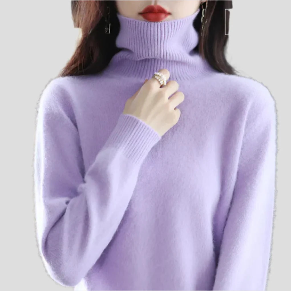 Purple Women's Ribbed Turtleneck Sweater with Fitted Silhouette for Cozy Layering - Hand On Face