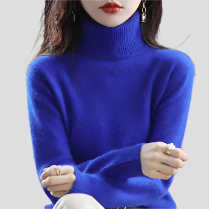 Royal Blue Women's Ribbed Turtleneck Sweater with Fitted Silhouette for Cozy Layering - Front Full