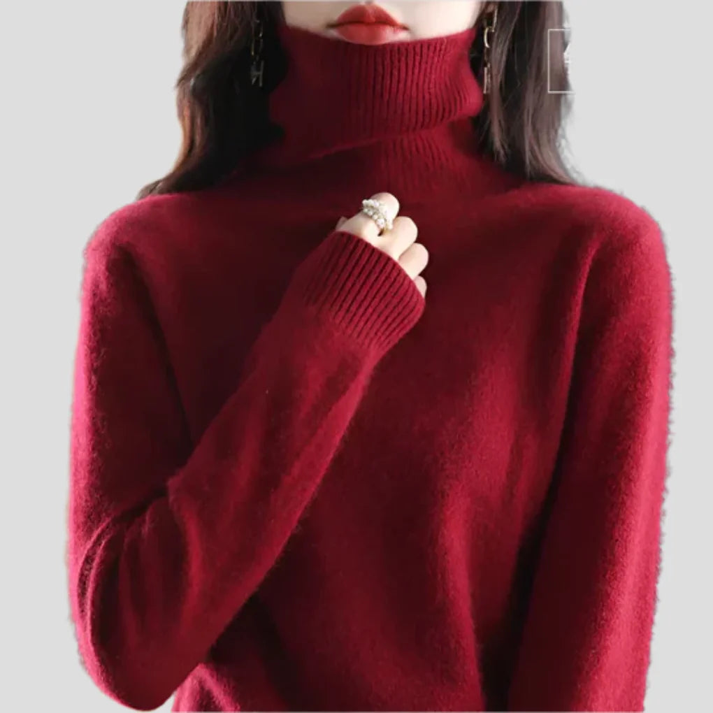 Rust Red Women's Ribbed Turtleneck Sweater with Fitted Silhouette for Cozy Layering - Chin Detail