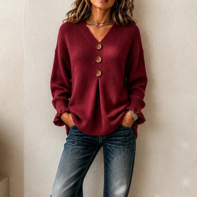 Burgundy Women's V Neck Sweater with Button-Front Pleat & Ruffle Cuffs