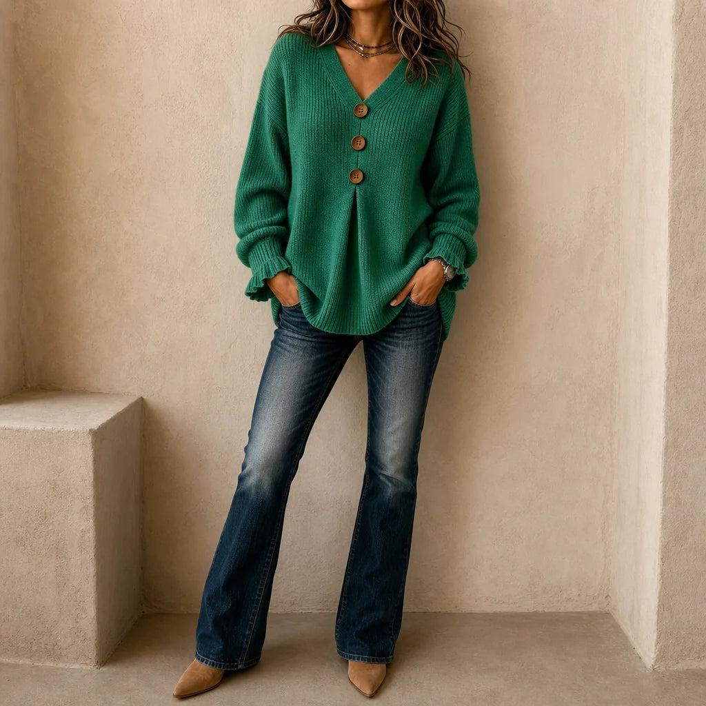Green Women's V Neck Sweater with Button-Front Pleat & Ruffle Cuffs - Front Full Body
