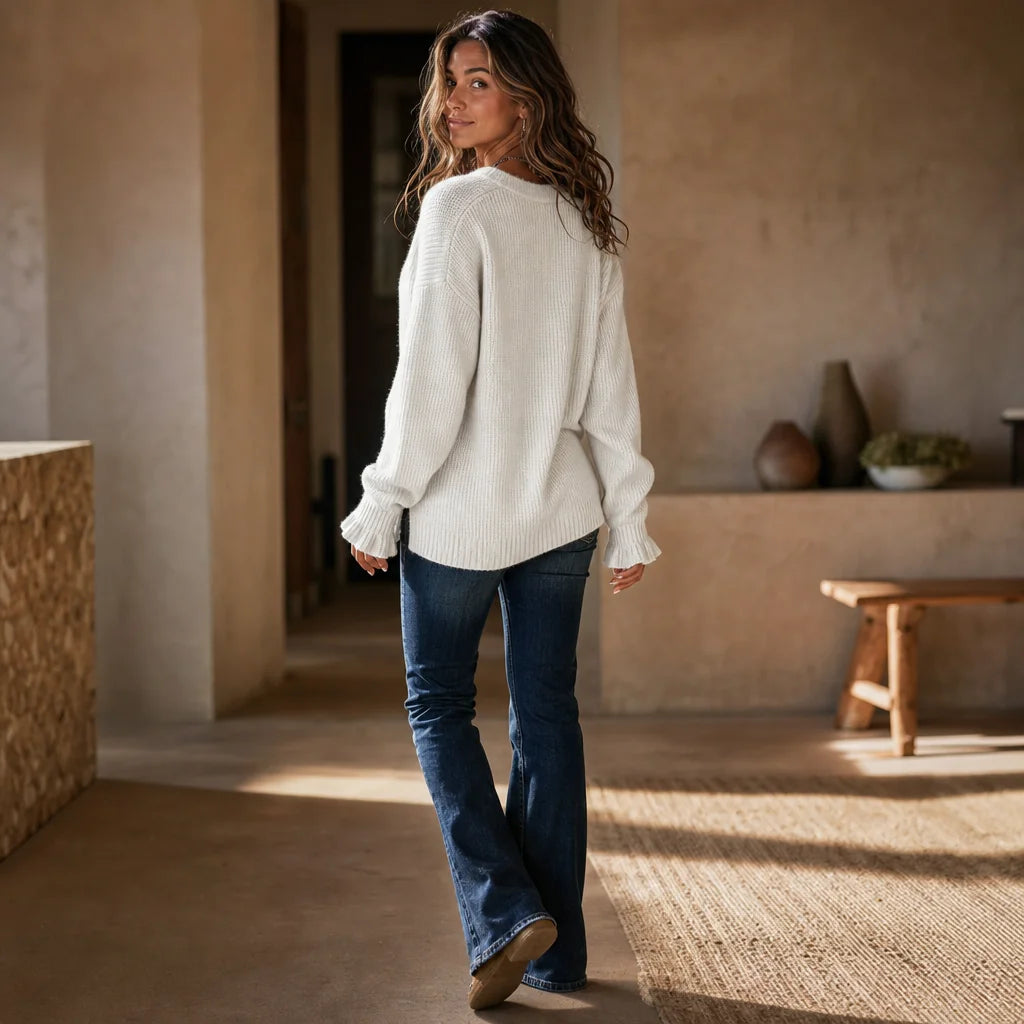 Women's V Neck Sweater with Button-Front Pleat & Ruffle Cuffs - Back Walking