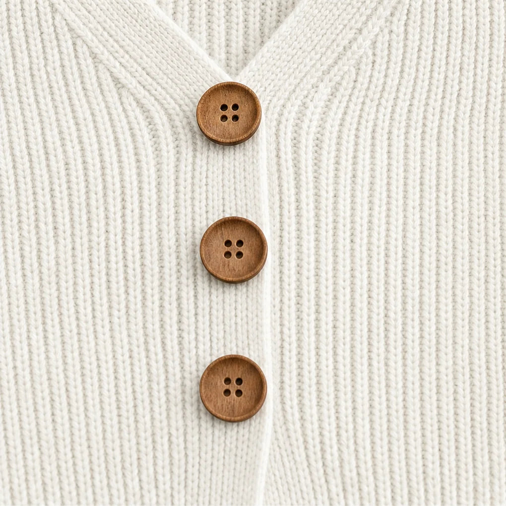 Women's V Neck Sweater with Button-Front Pleat & Ruffle Cuffs - Button Detail Closeup
