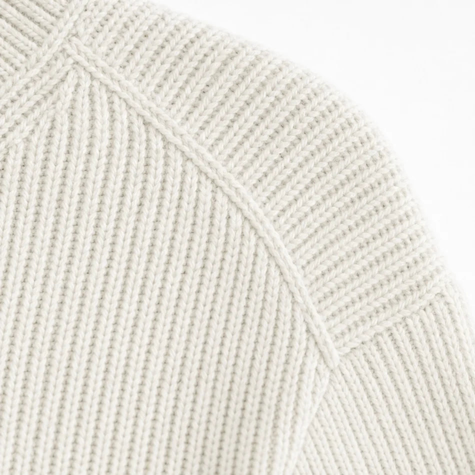 Women's V Neck Sweater with Button-Front Pleat & Ruffle Cuffs - Shoulder Seam Detail