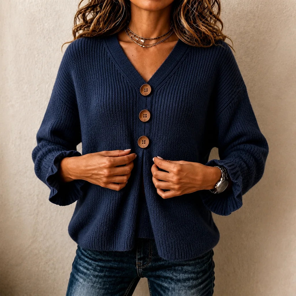 Navy Blue Women's V Neck Sweater with Button-Front Pleat & Ruffle Cuffs