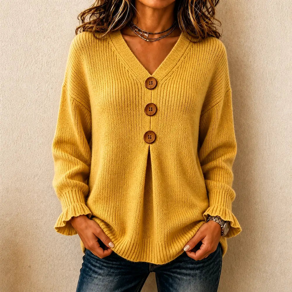 Yellow Women's V Neck Sweater with Button-Front Pleat & Ruffle Cuffs