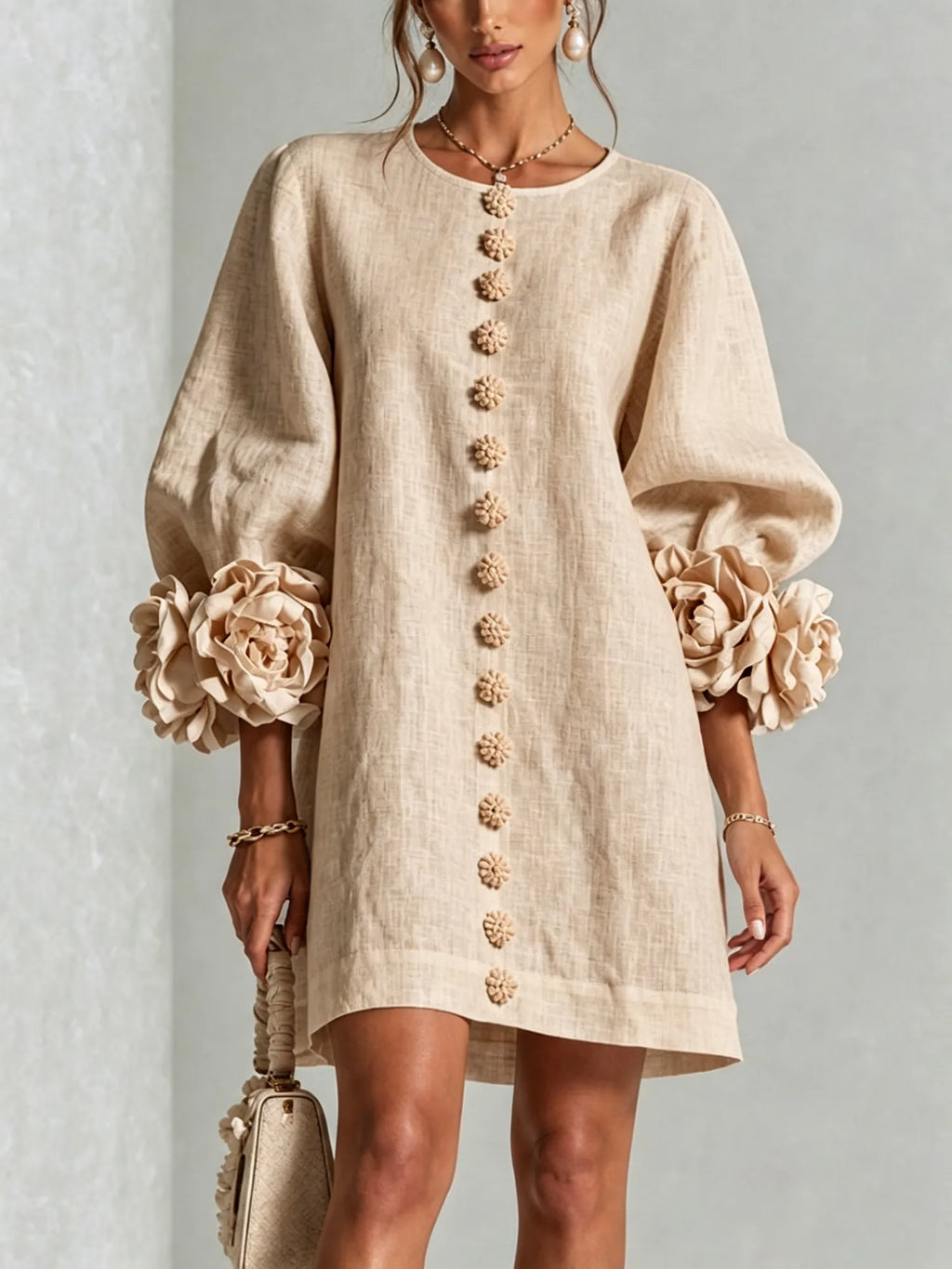Beige Women's Mini Dress with Sculptural Cuffs & Button-Front Design