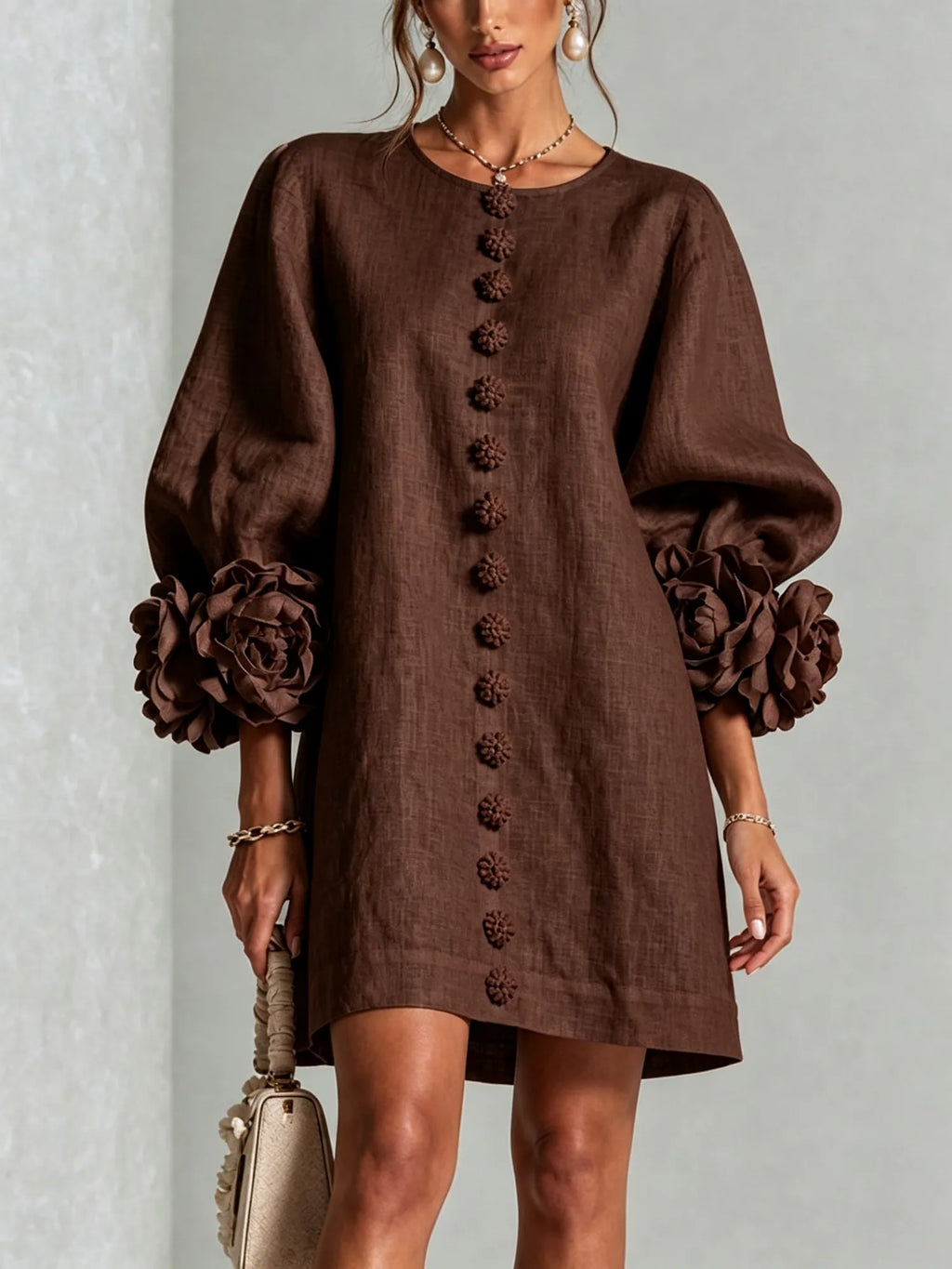 Brown Women's Mini Dress with Sculptural Cuffs & Button-Front Design